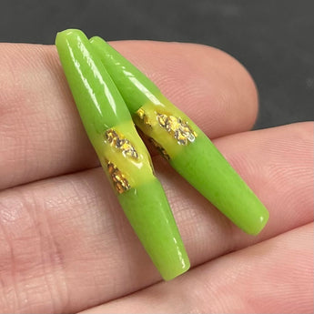 2 Vintage Japan Lime Green Foil Oval Glass Beads