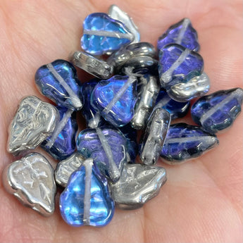 25 Vintage Silver Blue Czech Leaf Glass Beads