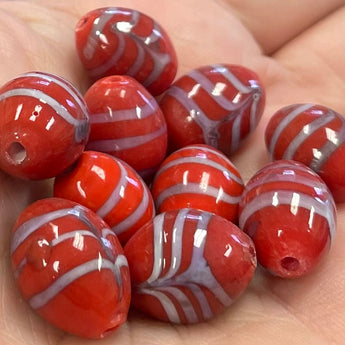 10 vintage Red Silver Striped Oval Glass Beads