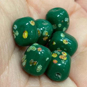 6 Vintage Japan Green Millefiori Floral Cube Glass Beads  #9193