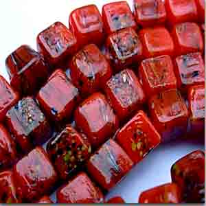 25 Vintage Red Agate Cube Glass Beads #8895