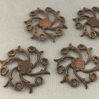 4 Vintage Round Aged Cast Brass Floral Findings