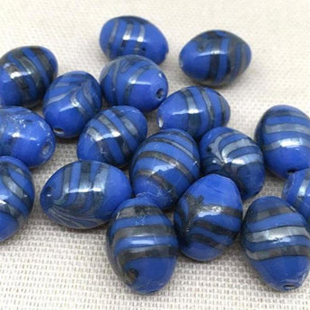 10 Vintage Blue Silver Striped Oval Glass Beads