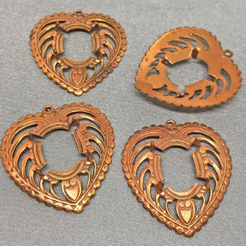 4 Vintage Tombac Brass Stone Setting Heart Pendants