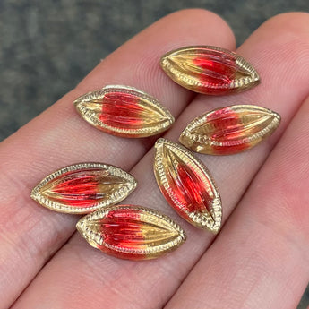 6 Vintage German Red Amber Givre Navette Glass Cabochons #9424