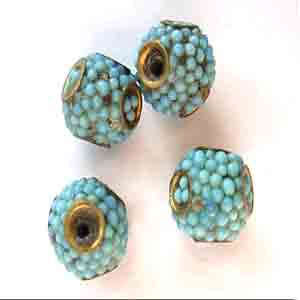 6 Vintage Handmade Turquoise Berry Inlay Metal Beads