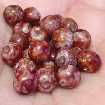 25 Golden Pink Red Picasso Round Glass Beads