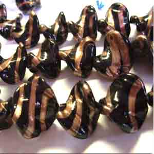 4 Vintage Black Bronze Striped Baroque Glass Beads #8747