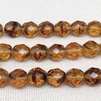 25 Striped Topaz Czech Fire Polished Glass Beads