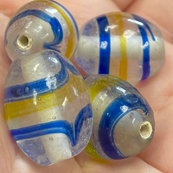 4 Vintage Handmade Clear Yellow Blue Striped Glass Beads 20mm