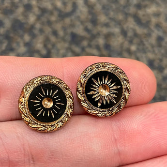 2 Vintage Black Golden Sun Rays Round Glass Cabochons #8506