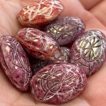 10 Vintage Fruity Etched Japan Oval Glass Beads