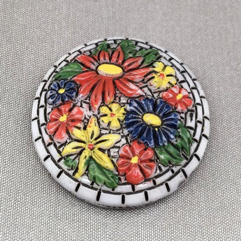 1 Vintage Hand Painted German Floral Round Glass Cabochon