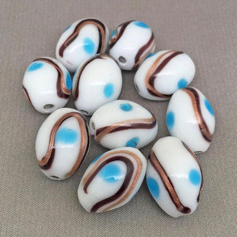 10 Vintage Blue Polka Dot White Oval Glass Beads