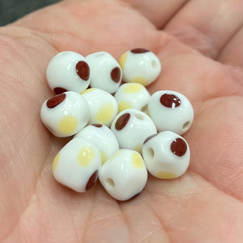 12 Vintage White Brown Yellow Dot Glass Beads #2799