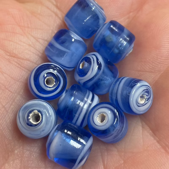 10 Vintage Striped White Blue Cylindrical Glass Beads