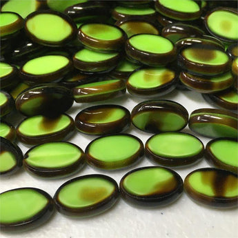 6 Vintage Green & Brown Oval Window Glass Beads #9414