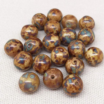 10 Golden Brown Picasso Czech Round Glass Beads