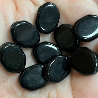 10 Vintage Flat Black Oval Glass Beads #7008