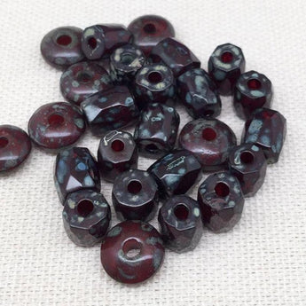 25 Mixed Maroon Red Czech Picasso Glass Beads