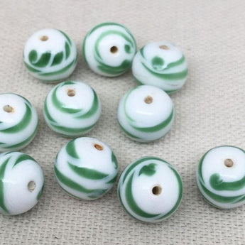 10 Vintage White Green Japan Round Glass Beads