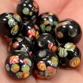 10 Vintage Japan Black Floral Millefiori Round Glass Beads #8449