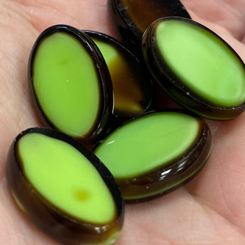 6 Vintage Green & Brown Oval Window Glass Beads #9414