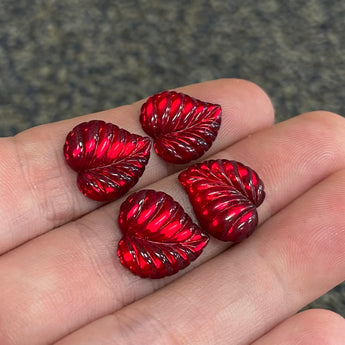 4 Vintage German Red Heart Leaf Glass Cabochons #8560