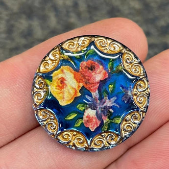 1 Vintage German Rose Floral Glass Cabochon