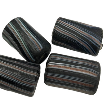 4 Vintage Matte Black Striped Tube Glass Beads #4892