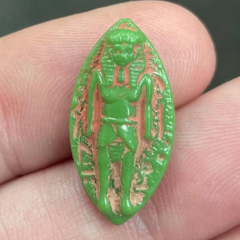 1 Vintage Green Standing Egyptian King Navette Glass Cabochon  #9521