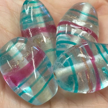 4 Vintage Clear Aqua Pink Striped Oval Glass Beads