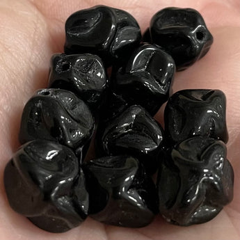 10 Vintage German Black Pressed Diamond Glass Beads #6074