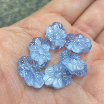 6 Vintage Light Blue German Givre Floral Oval Glass Beads