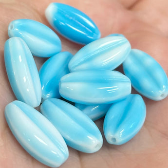 12 Vintage Austrian Aqua White Oval Glass Beads