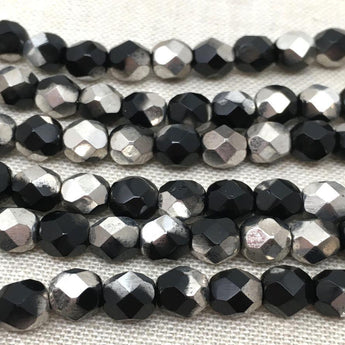 50 Black Silver Czech Faceted Glass Beads