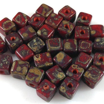 25 Red Picasso Czech Cube Glass Beads