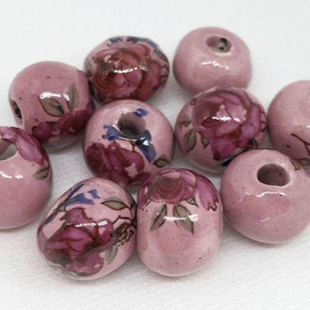 10 Vintage Handmade Pink Floral Porcelain Beads