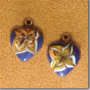 4 Vintage Blue Floral Heart Glass Pendants