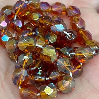 50 Amber AB Czech fire polished glass beads, 6mm.