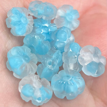 12 Vintage Frosted Clear Turquoise German Flower Glass Beads