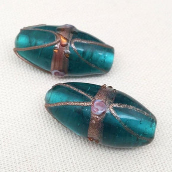 2 Vintage Handmade Aqua Teal Oval Glass Beads