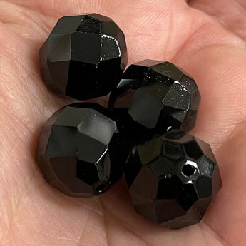 4 Vintage Jet Black Faceted Round Glass Beads