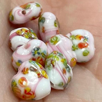 8 Vintage White Pink Striped Floral Millefiori Heart Glass Beads #8869