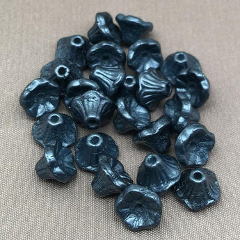 25 Metallic Blue Czech Bell Flower Glass Beads