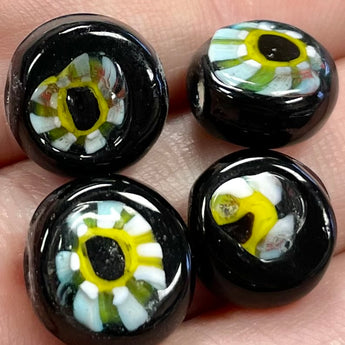 4 Old Vintage Handmade Black Floral Coin Glass Beads