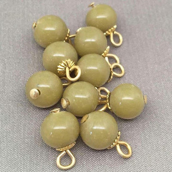 10 Vintage Olive Green Japan Round Glass Bead Charms