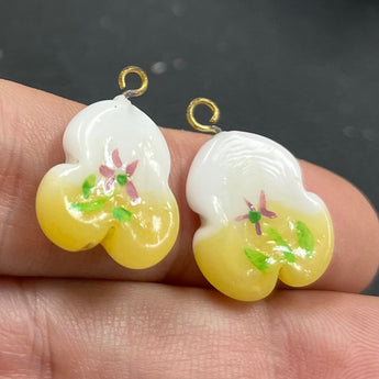 2 Vintage Hand Painted White Yellow Japan Glass Charms