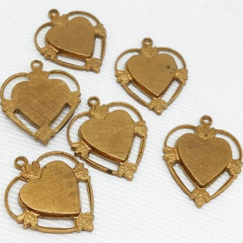 6 Vintage Solid Brass Heart Pendants