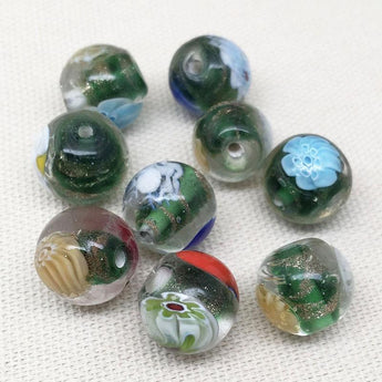 10 Vintage Clear Green Metallic Abstract Round Glass Beads